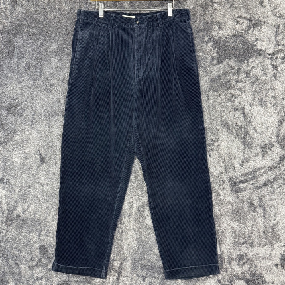 Vintage 90s Gap Pleated Corduroy Pants 36x30 Navy Blue Cuffed Baggy Easy Fit